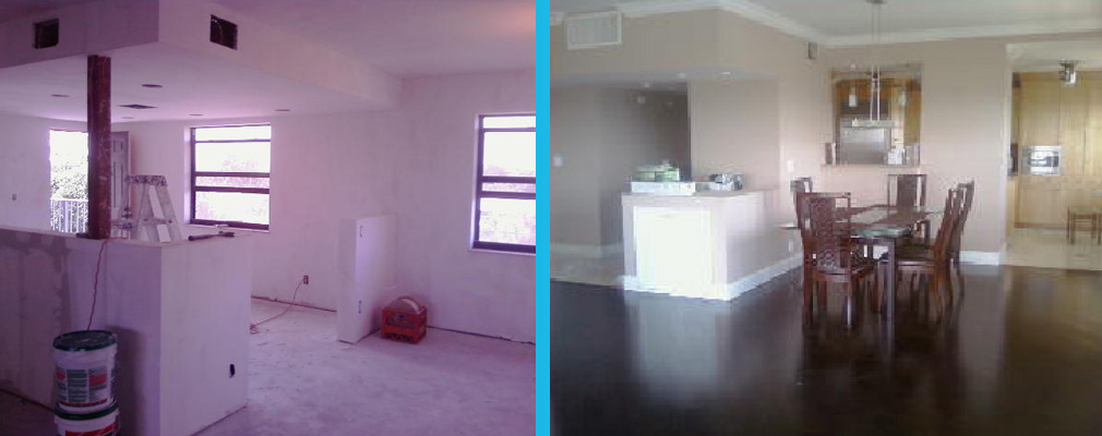 example of popcorn ceiling removal with smooth ceiling refinishing